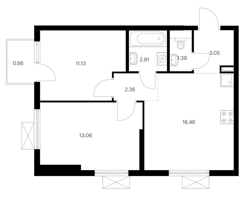 2-комнатная квартира 51.02 м², 17/24 эт., ЖК «Заречный парк»